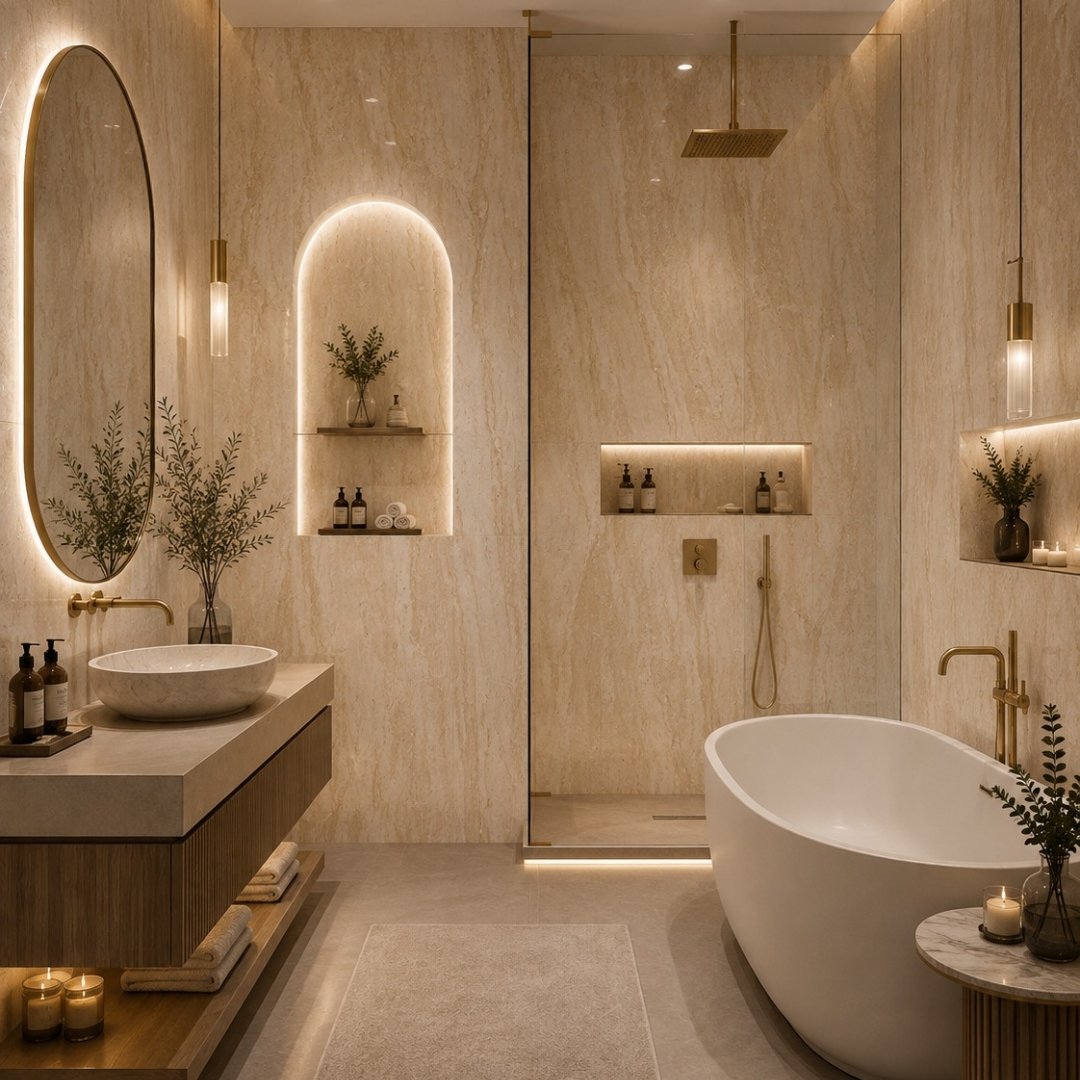 AL Traventino Beige Marble Bathroom Tiles - My Home Studio